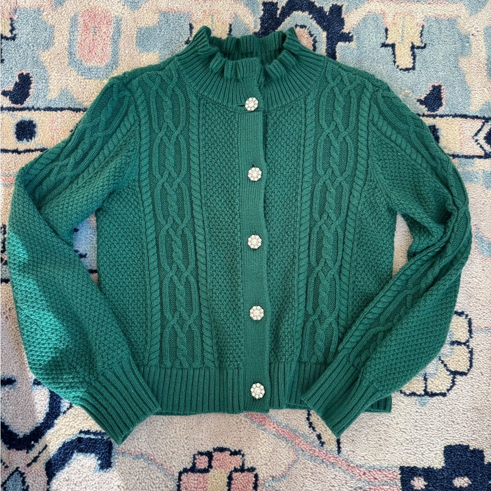 Green Cable Knit Sweater with Button Accents and Ruffled Collar